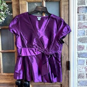 Ann Taylor LOFT S/S 100% Silk Top Side Zip & Bow Iridescent‎ Burgundy Sz 14